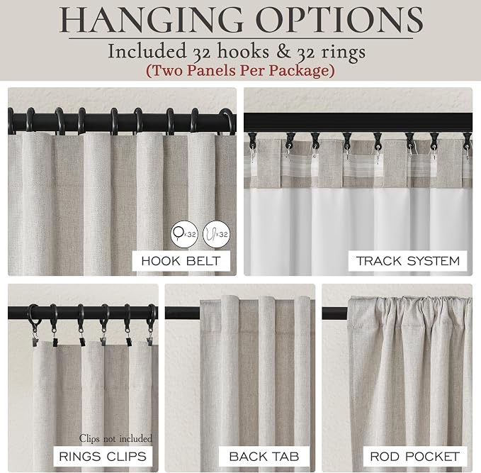 Pleat Linen Blend Room Darkening Curtains 92 Inch Length 2 Panels Set for Living Room, Natural Melange Grey for Bedroom Windows Blackout Drapes Heat Blocking Curtain for Summer Heat (50"Wx92"L)