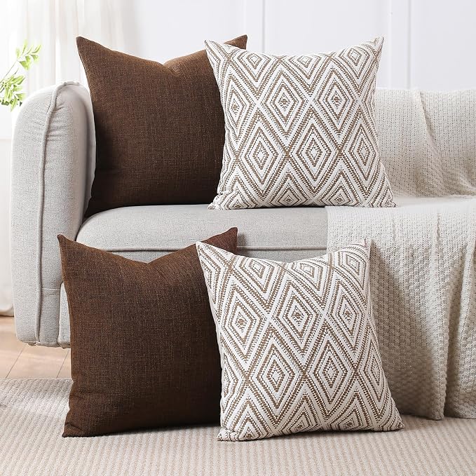 HPUK Throw Pillow Covers 18x18, Set of 4, Chocolate Couch Pillow Covers | Polyester fabric, patterned and solid designs, hidden zippers, machine washable, for sofas and beds, inserts not included