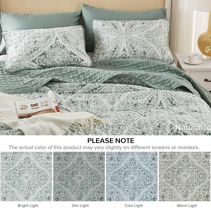 Comfort Spaces Gloria Boho King Size Quilt Set 3 Piece for Summer Green | Reversible Coverlet Bedspread, Soft All Season, Medallion Pattern, Winter Layer with Shams Modern Lightweight, Cozy Comfort