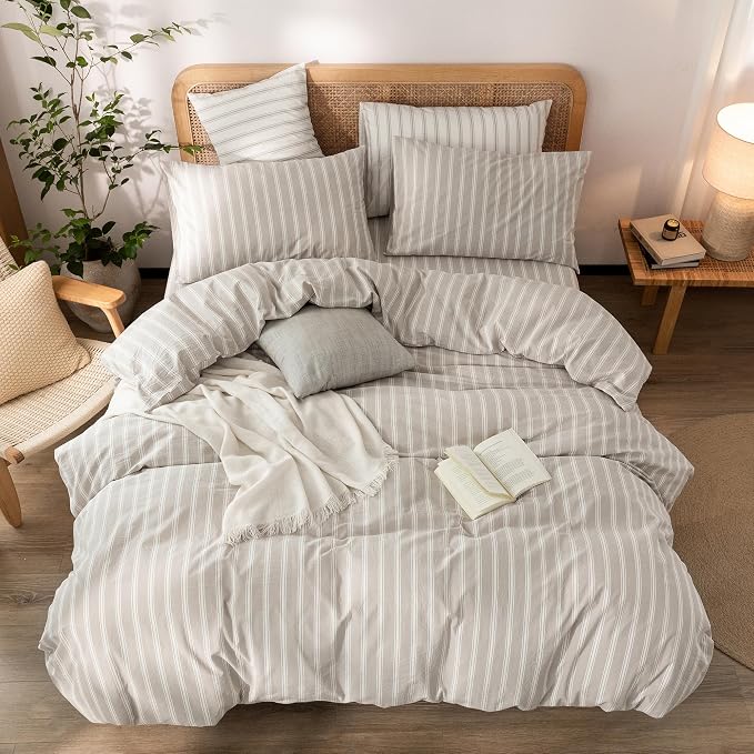 BESTOUCH Striped Cotton Duvet Cover Set Linen Feel California King | 100% Washed Cotton, Soft Wrinkle Texture, Hidden Zipper, 8 Ties, Breathable Lightweight Durable Comfy, 3 Pcs No Insert
