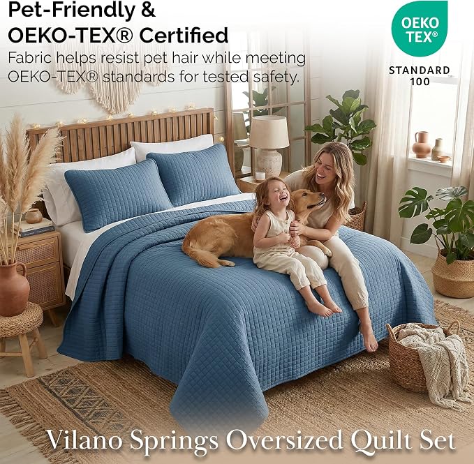 Southshore Fine Living, Inc. Summer Quilt King Size Bedding Set with 2 Pillow Shams, Lightweight Bedspreads King Size, Blue Coverlet Quilted Bedspread, Pet Hair Resistant Bedding, Coronet Blue Quilt
