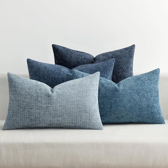 MIULEE Decorative Chenille Lumbar Pillow Covers Blue Series 12x20 | Pack of 4, Modern Coastal Decor, Blue Gradient, Couch Throw Pillows, Farmhouse Boho Cushion Covers for Sofa Bed Living Room