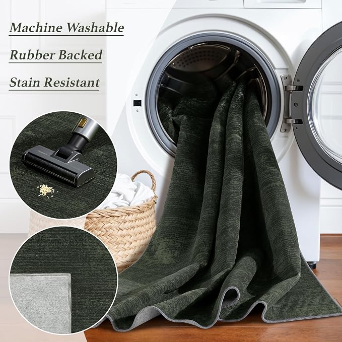 2.7x8 Washable Runner Rugs, Dark Green Stainproof Non-Slip for Hallway | Low pile, stain-resistant & non-slip backing, pet & kids friendly for hallway kitchen bedroom(2.7x8,Dark Green)