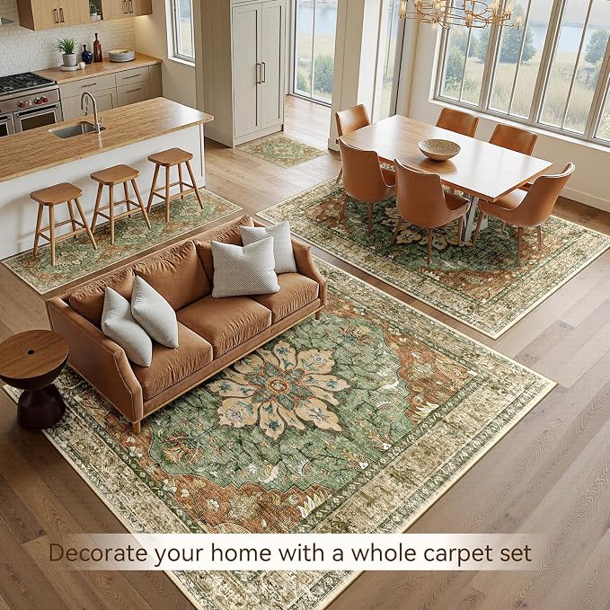 RELEANY Washable Area Rug, Large 9'x12', Brick/Brown/Green | Non-Slip, Water Repellent, Pet Friendly, Easy to Clean, Vintage Floral Boho Decor for Living Room Bedroom Dining Room