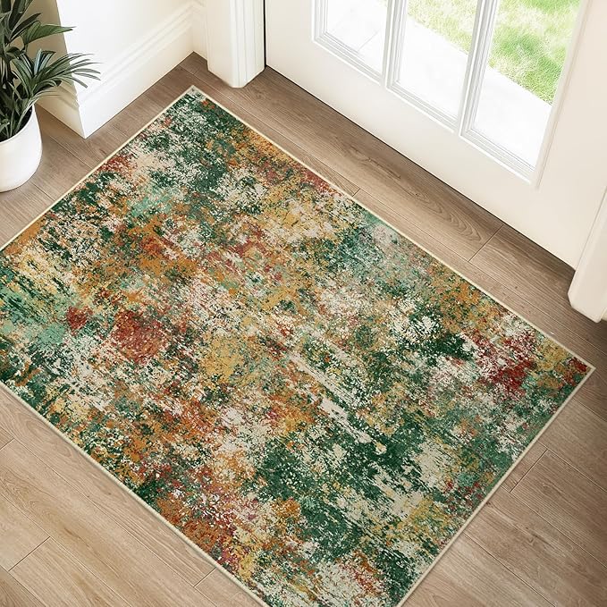 RELEANY Washable 2'x3' Abstract Area Rug for Living Room Green Multi | Carpet for Bedroom, Kitchen, Office, Hallway and Entryway, Printed Pattern, Non‑Slip, Soft, Stain‑Resistant, Easy to Clean