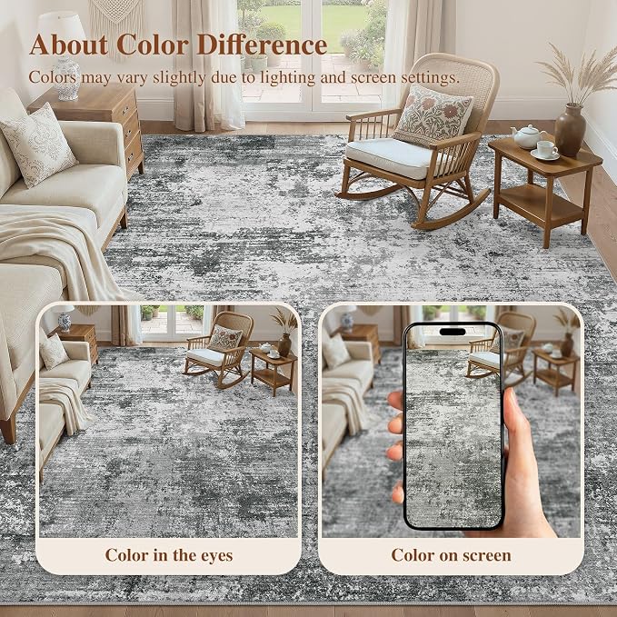 UERMEI 9x12 Area Rug for Living Room - Washable Neutral Modern Abstract Carpet, Non-Slip Soft Large Indoor Floor Rugs for Bedroom Home Office & Under Dining Table Decor, Grey Black