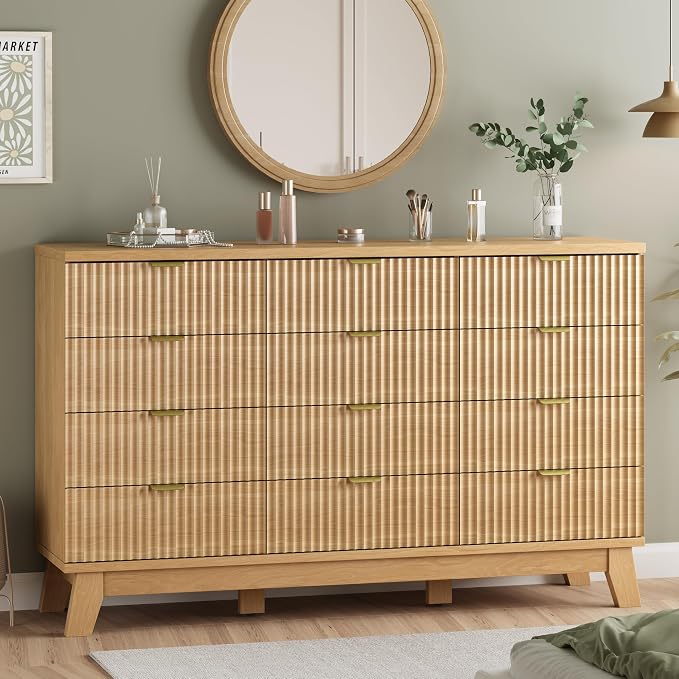 Fluted Dresser for Bedroom with 12 Drawers, 57" Wide Modern Chest of Drawers with Metal Handle, Wooden Dresser TV Stand, Wood Closet Clothes Storage Organizer for Living Room, Hallway, Natural Oak