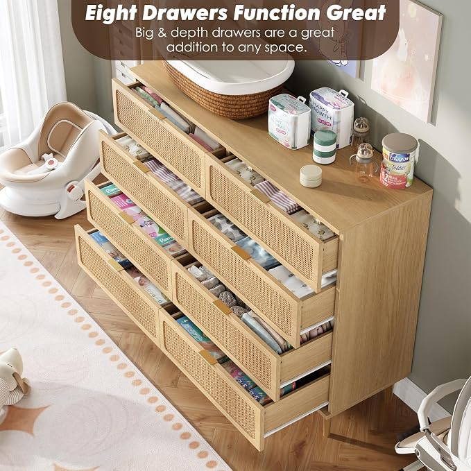 GarveeHome Rattan 8 Drawer Dressers for Bedroom, Deep Drawer, Natural | Tall Dresser, Wide Top, for Living Room, Hallway, Kids Room, Large Chest of Drawers for Closet, Long Wooden Dresser