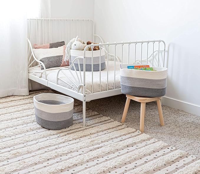 OrganiHaus Cotton Rope Baskets for Shelves, Set of 3, 15x9x10 | Handwoven; a toy bin and organizer for towels, books, or blankets; fits nursery, playroom, or bedroom decor