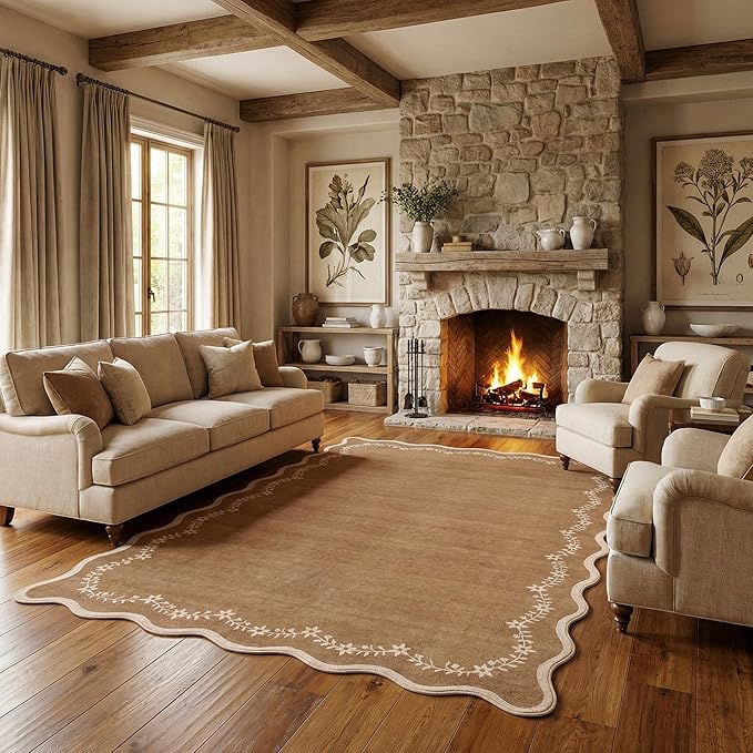 GarveeHome 6x9 Scalloped Area Rug Soft Washable Rug for Living Room Bedroom | Soft Brown Low Pile Non Slip Accent Floor Mat Solid Print Throw Rug Indoor Carpet for Dining Room Dorm Playroom