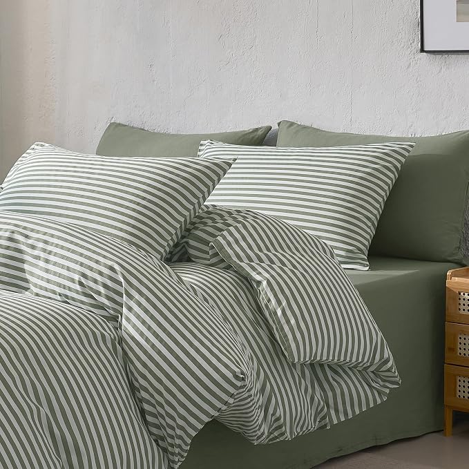 JELLYMONI 100% Cotton Printed Striped TwinXL Duvet Cover Set, Green | Breathable and Soft, Classic Stripes, 8 Corner Ties & Double-Head Hidden Zipper, For Kids or College Dorm