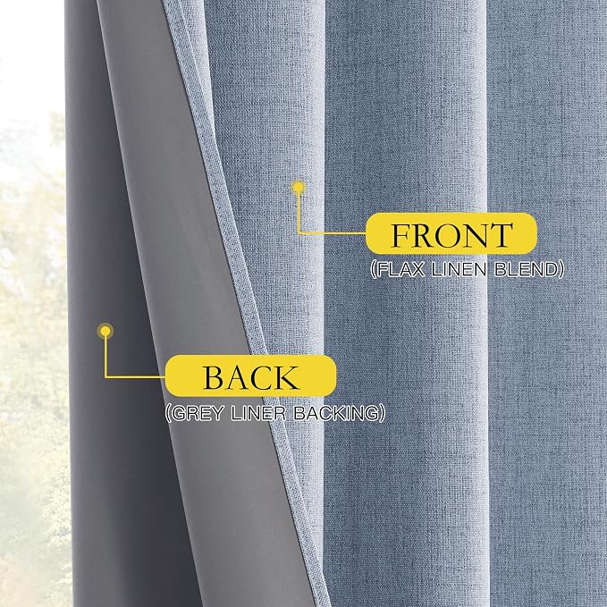 NICETOWN 102 inch Blackout Linen Curtains for Bedroom 2 PCs, Stone Blue | Vintage Sliding Glass Door Curtains Farmhouse Style, Keep Cool & Warm Large Window Drapes for Loft, Apartment, W52" x L102"