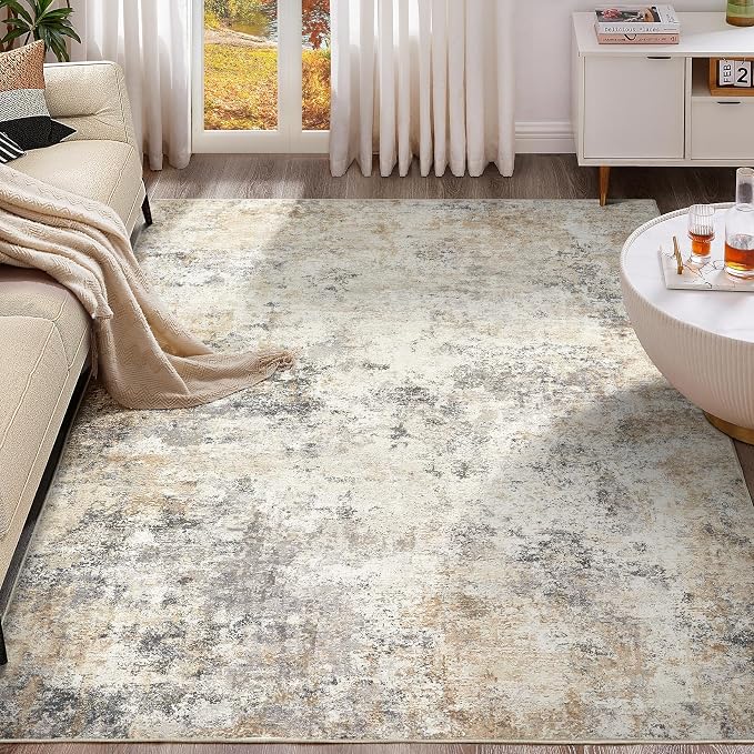 UERMEI 10x14 Washable Area Rug - Neutral Modern Abstract Living Room Rugs, Non-Slip Soft Large Indoor Floor Carpet for Bedroom Home Office & Under Dining Table Decor, Golden Grey