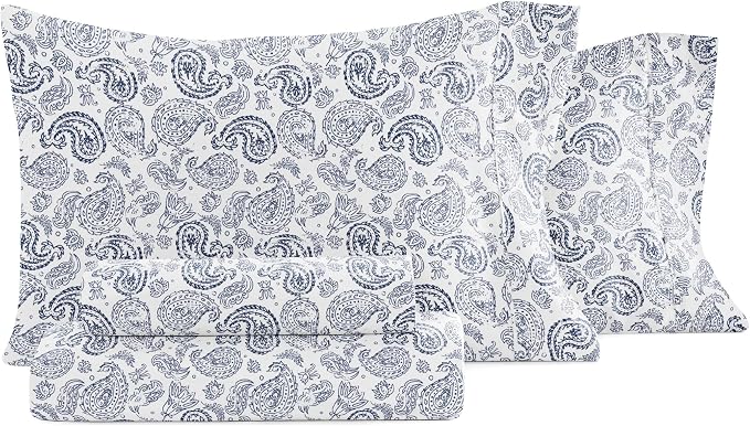 Linen Market Double-Brushed Patterned Microfiber Queen Sheet Set 4 Piece – Oeko-TEX Certified Ultra Soft & Wrinkle-Free - 16" Deep Pocket Sheets - Easy Care Queen Size - Coarse Paisley Navy