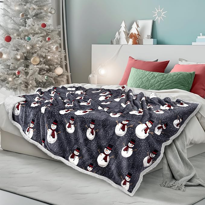 PAVILIA Premium Christmas Sherpa Throw Blanket, 50x60, Grey Snowman Cozy Fleece Holiday Blanket, Reversible Plush Winter Throw for Couch & Bed, Ultra Soft Warm