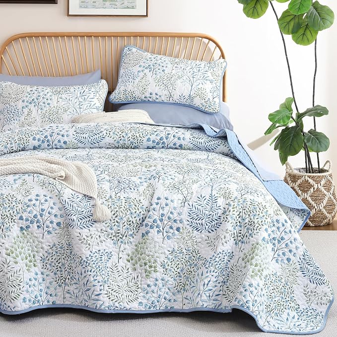 WONGS BEDDINGKing Quilt Set, 3 Pcs Blue Green Floral Bedspread Coverlet | Botanical Print Quilt Set for Spring Summer, Lightweight Microfiber Farmhouse Quilted Bed Cover for Guest Room 110"×90"