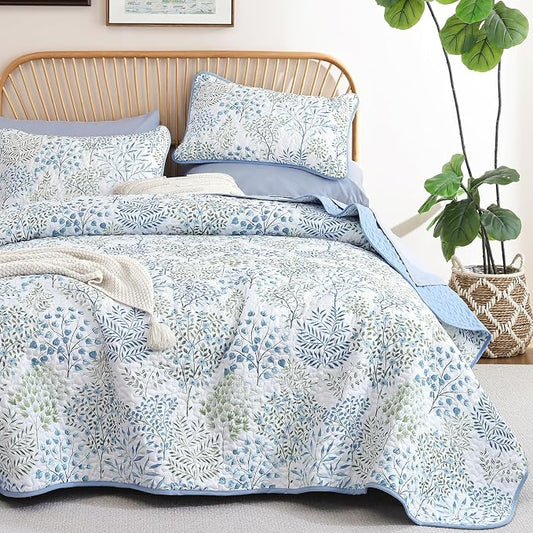 WONGS BEDDINGKing Quilt Set, 3 Pcs Blue Green Floral Bedspread Coverlet | Botanical Print Quilt Set for Spring Summer, Lightweight Microfiber Farmhouse Quilted Bed Cover for Guest Room 110"×90"