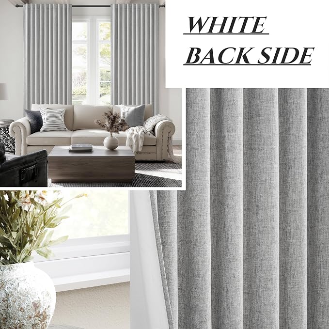 QJmydeco Grey Curtains 60 Inch Length Wide Pleated Blackout Curtain for Sliding Glass Door/Living Room, Farmhouse Linen Thick Boho Bedroom Heavy Insulated Large Window Drapes (60" Wx90 Lx2Panels)