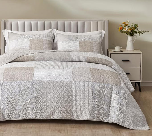 Chezmoi Collection Quinn 3-Piece Neutral Taupe Gray White Floral Hibiscus Flower Candy Stripe Patchwork Quilt Set - Pre-Washed Cotton Coverlet - Lightweight Reversible Bedspread, Super King Size