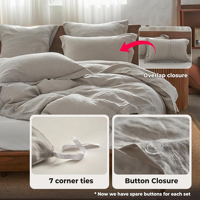 Simple&Opulence 100% French Linen Duvet Cover Set with Embroidered,3 Pcs Washed Soft Farmhouse Bedding Set with Button Closure,1 Comforter Cover and 2 Pillowshams(Queen,Grey)