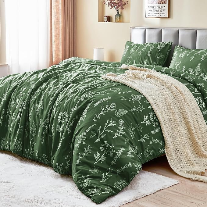 MUXHOMO Duvet Cover Twin/Twin XL Size Set, Reversible Floral Dark Green Duvet Cover with Zipper Closure, 2 Pieces Botanical Patterns Soft Bedding Set with 4 Ties (68"x90", 1 Pillow Case)