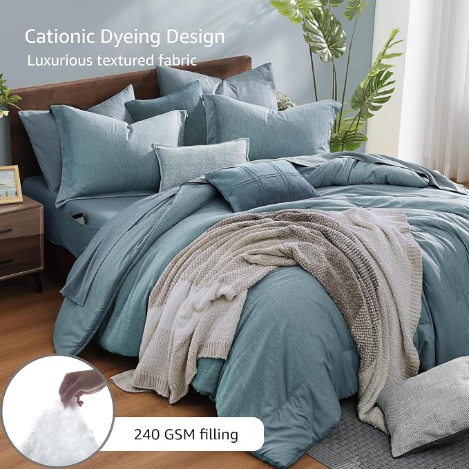 Monbix Full Comforter Set 7 Pieces Dusty Blue Cationic Dyeing Bed in a Bag | Lightweight Reversible All Season Bedding Sets with Comforter, Sheets, Pillowcases & Shams