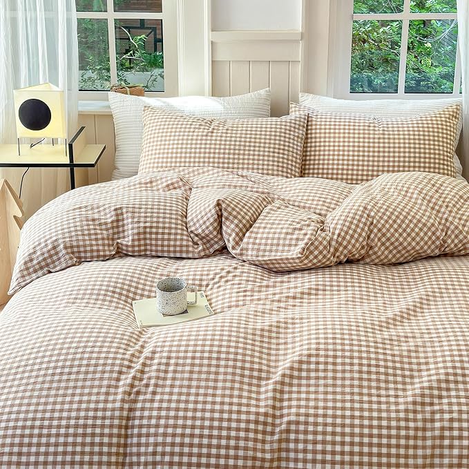 LifeTB Queen Comforter Set Tan Gingham Comforter Modern Style Beige Plaid Comforter Set 3 Pieces Fluffy Grid Checkered Comforter with 2 Pillowcases Boho Gingham Bedding Set Queen Size