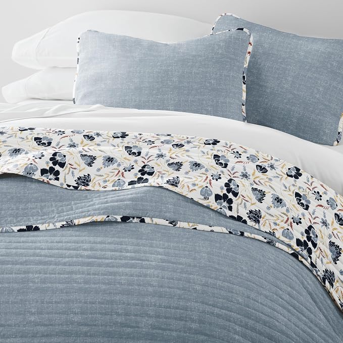 Merit Linens 3 Piece Quilt Set - Super Soft - Lightweight - All Season Quilted Coverlet - Timeless Patterns - Full/Queen Light Blue