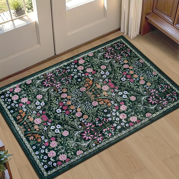 PLHXFR 2x3 Small Entryway Rug: Floral Washable Indoor Carpet Dark Green | For Entrance, Bedroom, Kitchen, Laundry, Bathroom,Door Mat,Vintage Floral,Machine washable,Non-Slip,Stain Resistant,Indoor