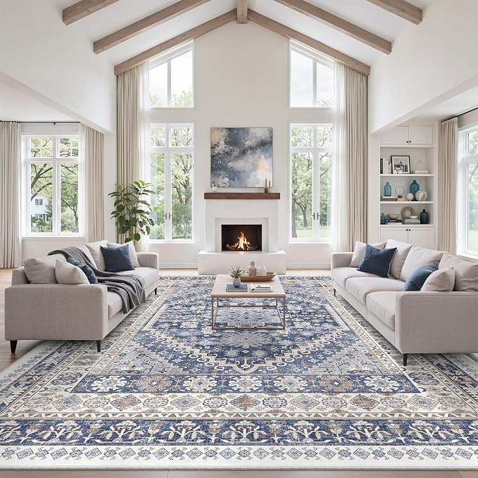 10x14 Area Rugs for Living Room,Large Washable Rug,Blue | Rugs for Bedroom,Dining Room,Office,Low Pile,Soft, Vintage Rug,Stain Resistant Indoor Carpet,Non Slip,Home Decor