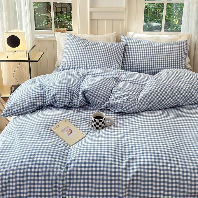 LifeTB Twin XL Comforter Set Blue Gingham Comforter with 2 Pillowcases Modern Plaid Grid Pattern Comforter Set for Men Boys Fluffy Soft Lightweight Bedding Boho Plaid Checkered Comforter Twin XL