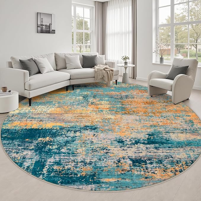 Round Area Rug Living Room: 6 ft Modern Washable Indoor Carpet | For Bedroom Dining Room Farmhouse Nursery Hallway Office,Modern Abstract,Machine washable,Non-Slip,Stain Resistant,Indoor