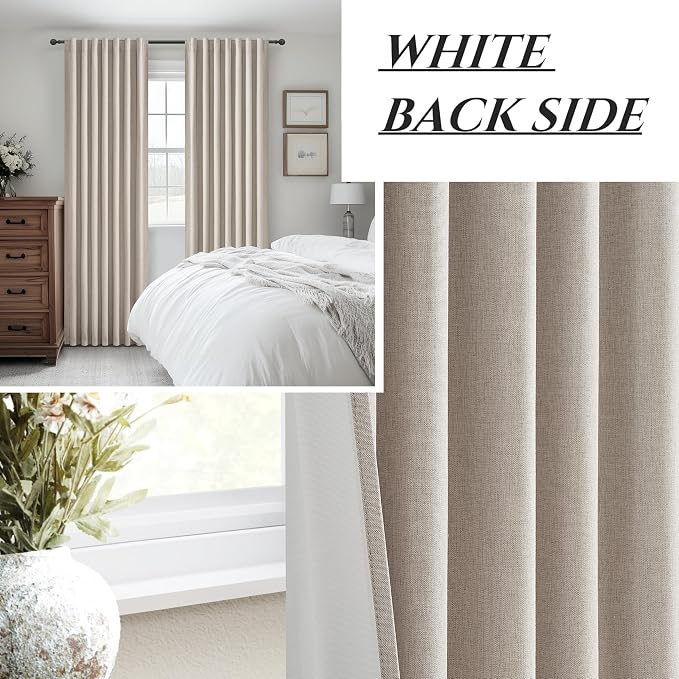Grey Flax Extra Long Floor to Ceiling Blackout Curtains 105 Inches Long for Sliding Glass Doors 2 Panels Set, Farmhouse Pleated Room Darkening Drapes Decor with Back Tab for Bedroom (50"Wx105"L)