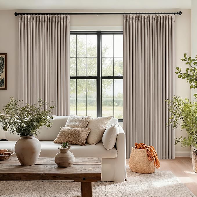 Burlywood Birch Linen Pinch Pleated 100% Blackout Curtains 90 Inch Length | Pinch Pleat Curtains, Black Out Blocking Room Darkening Drapes, Tan Brown Dark Flax, for Bedroom Living Room Window, W40xL90