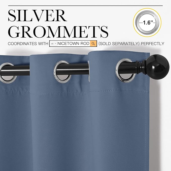 NICETOWN Kitchen Curtains, Set of 2, 34" x 54", Stone Blue | Privacy & Room Darkening Thermal Insulated Draperies with Grommet Top for Boys Bedroom Nursery