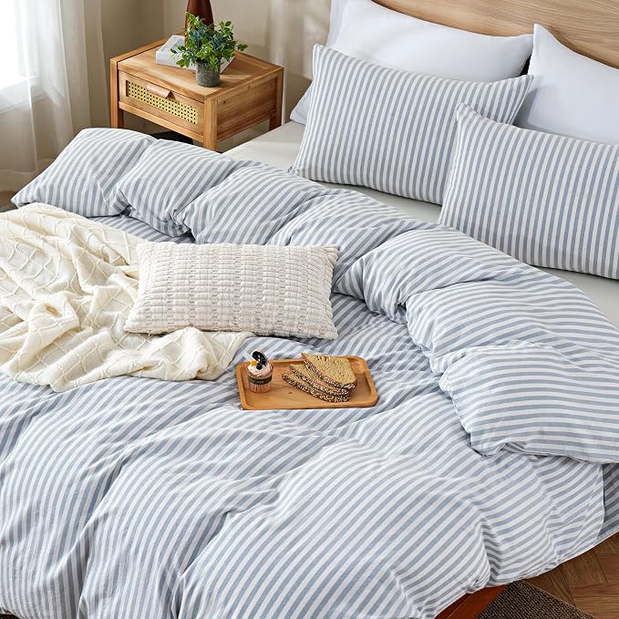 TOCOMOA Blue Striped Duvet Cover Set 100% Washed Cotton Like Linen, King | Linen-Like Feel Soft, Breathable & Comfy for All Season. Lightweight Bedding Set with Zipper & 8 Ties. 3 Pcs, No Insert