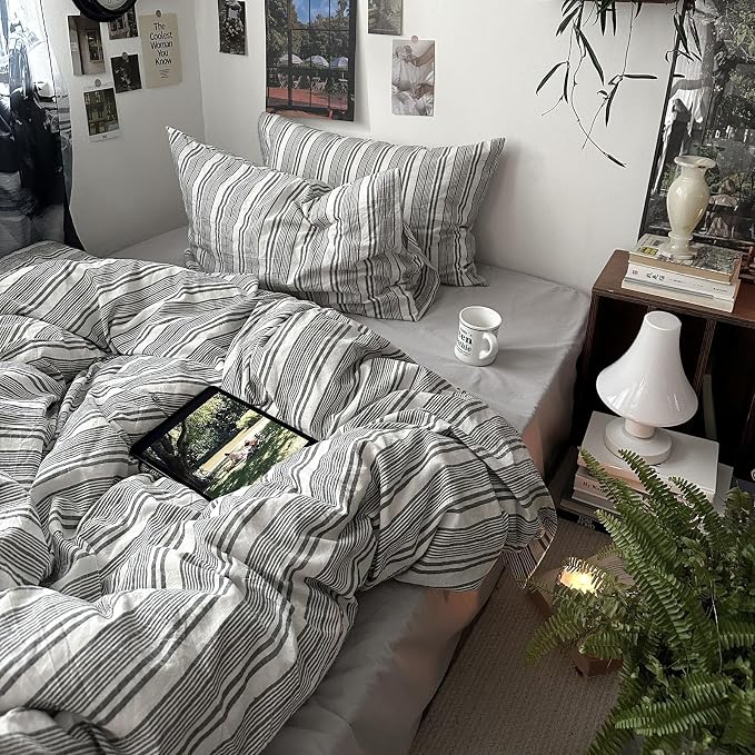 mixinni Vintage Gray & White Striped Duvet Cover Set - 3 Piece 100% Washed Cotton Queen Size Bedding | Minimalist Gender-Neutral Design | Ultra-Soft Breathable, with Zipper Closure & Corner Ties