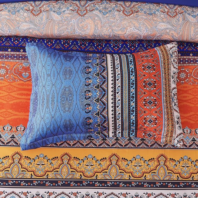 Cottolester Boho Comforter Set King Size 8 Piece Bed in a Bag Burnt Orange Paisley Fall Comforter and Sheet Set Bohemian Striped Bedding Set,Soft Microfiber Complete Bedding Set