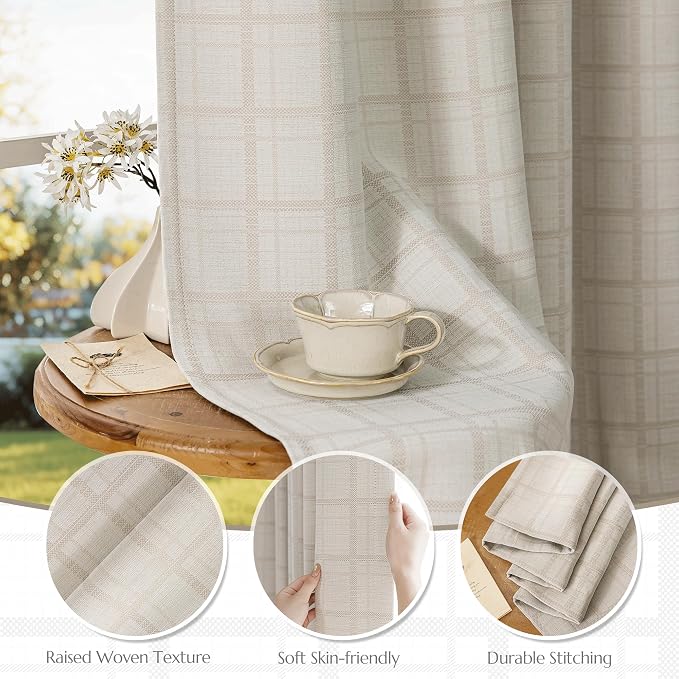 Beauoop Beige Plaid Jacquard Blackout Curtains for Bedroom 52x96 2 Panels | Gingham Checkered Room Darkening Drapes for Living Room 96 Inch Long Thermal Insulated Soundproof Window treatment Grommet
