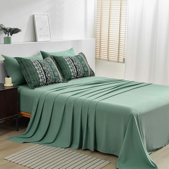 Boho Green Comforter Set King Size,8 Piece Bed in a Bag Bohemian Striped Bedding Quilt Set,Dark Green Paisley Floral Comforter and Sheet Set,Soft Microfiber Complete Bedding Sets for All Season