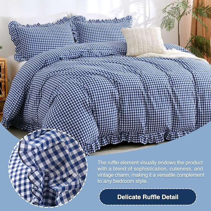 ATsense Navy Blue Gingham Ruffle Duvet Cover Set Cotton Like Linen, Queen | 100% Washed Cotton Linen-Like Feel Soft, Breathable & Comfy. Farmhouse Bedding Set with Zipper & 8 Ties. 3 Pcs, No Insert