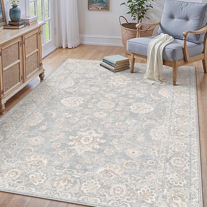 4x5 Blue Cream Neutral Area Rug | Washable, Vintage, Soft, Non Slip, Low Pile, Distressed, Carpet for Living Room Bedroom Dining Room Nursery Home Decor