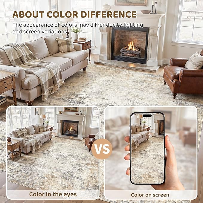 UERMEI 10x14 Washable Area Rug - Neutral Modern Abstract Living Room Rugs, Non-Slip Soft Large Indoor Floor Carpet for Bedroom Home Office & Under Dining Table Decor, Golden Grey