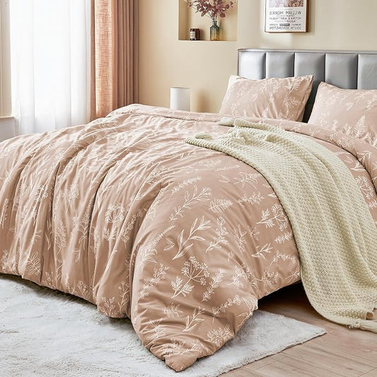 MUXHOMO Duvet Cover Full Size, Reversible Floral Rosy Gold Duvet Cover Set with Zipper Closure, 3 Pieces Botanical Patterns Soft Microfiber Bedding Set with 4 Ties (80"x90", 2 Pillow Cases)