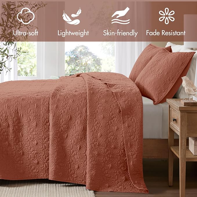 Madison Park Queen Quilt Bedding Set, Cottage-Inspired Damask, 3PC | All Season Quilted Coverlet, Classic Stitch Pattern Bedspread & Shams, Ultra Soft Microfiber Bedspread Set, Clay Red