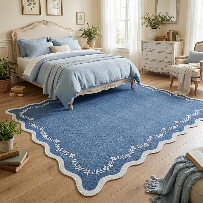 GarveeHome 6x9 Scalloped Area Rug Soft Washable Rug for Living Room Bedroom | Soft Blue Low Pile Non Slip Accent Floor Mat Solid Print Throw Rug Indoor Carpet for Dining Room Dorm Playroom