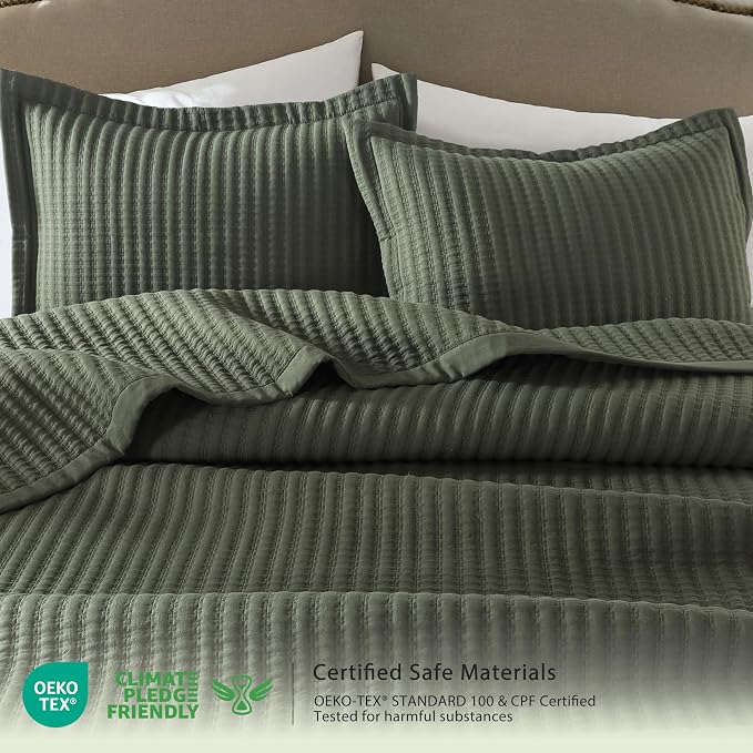 WDCOZY Olive Green Twin Size Quilt Set, Striped Pick Stitch Bedspread | Lightweight Soft Channel Coverlet, Spring Summer Thin Comforter, Farmhouse Rustic Country Bedding