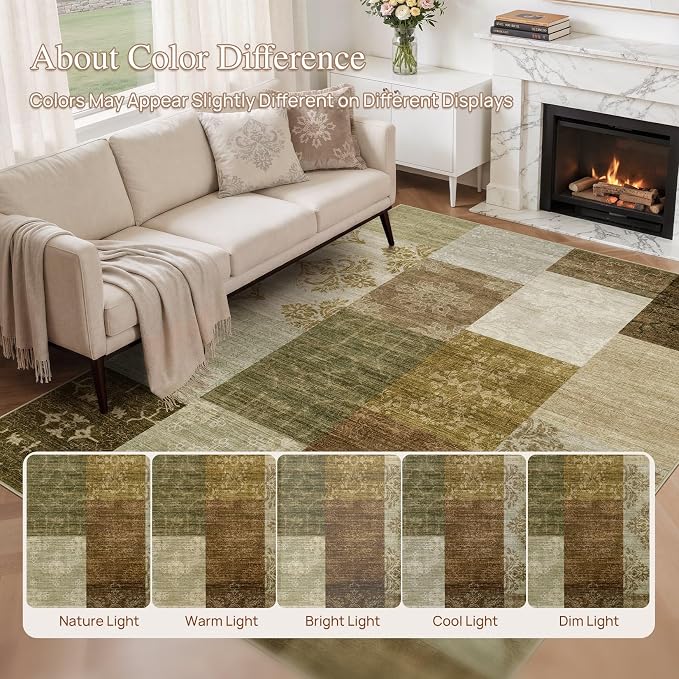 UERMEI 8x10 Area Rug for Living Room - Washable Neutral Modern Abstract Carpet, Non-Slip Soft Large Indoor Floor Rugs for Bedroom Home Office & Under Dining Table Decor, Brown/Green