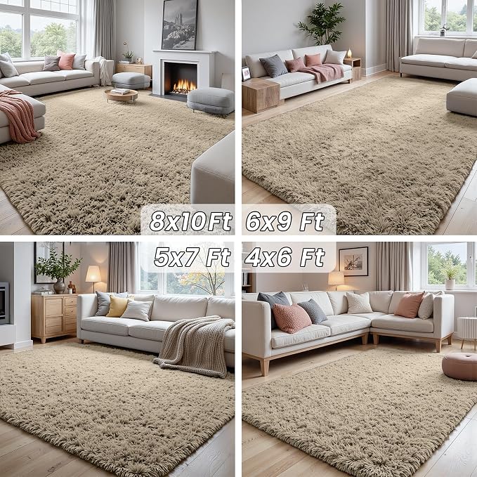 5x7 Fluffy Shag Area Rugs for Living Room Bedroom: Soft Carpet Gray Camel | Upgraded Non-Slip Thick Memory Foam, Ultra Soft, Non-Shedding Fuzzy Carpet, Easy Clean Decor for Kids Room, Nursery, Playroom