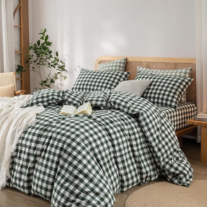 BESTOUCH Gingham Cotton Duvet Cover Set Green Super Queen | Washed Cotton, Linen Feel, Soft Wrinkle Texture, Hidden Zipper, 8 Ties, Breathable Lightweight Durable Comfy, 3 Pcs No Insert